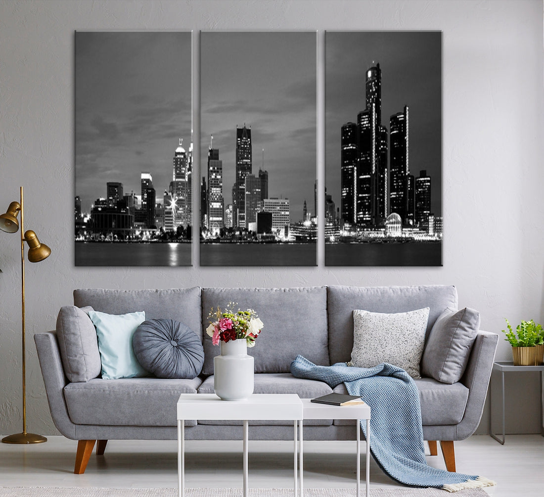 Detroit City Lights Black and White Skyline Wall Art Framed Canvas Print