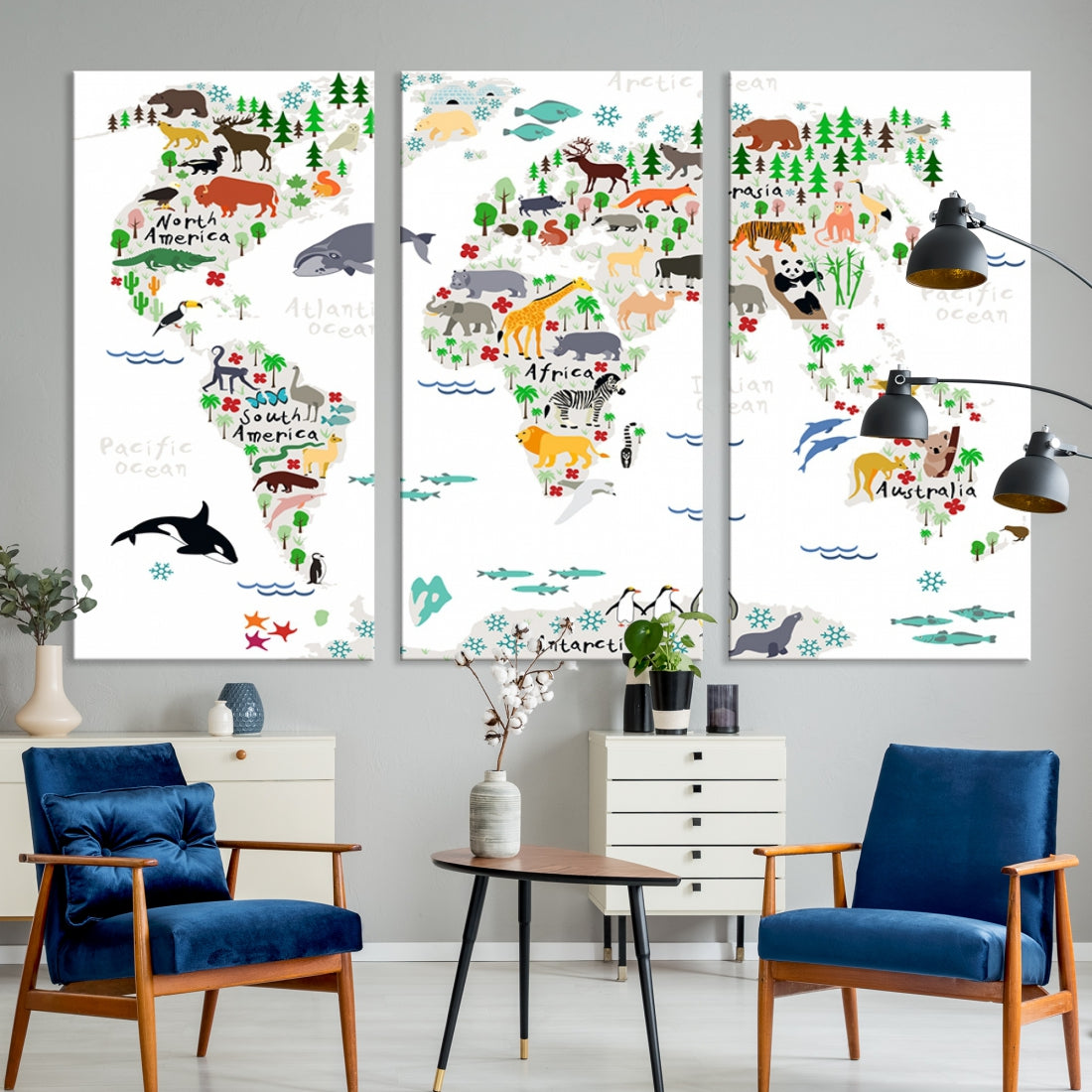 Educational Animal World Map Canvas Print Large Wall Art Framed Ready to Hang