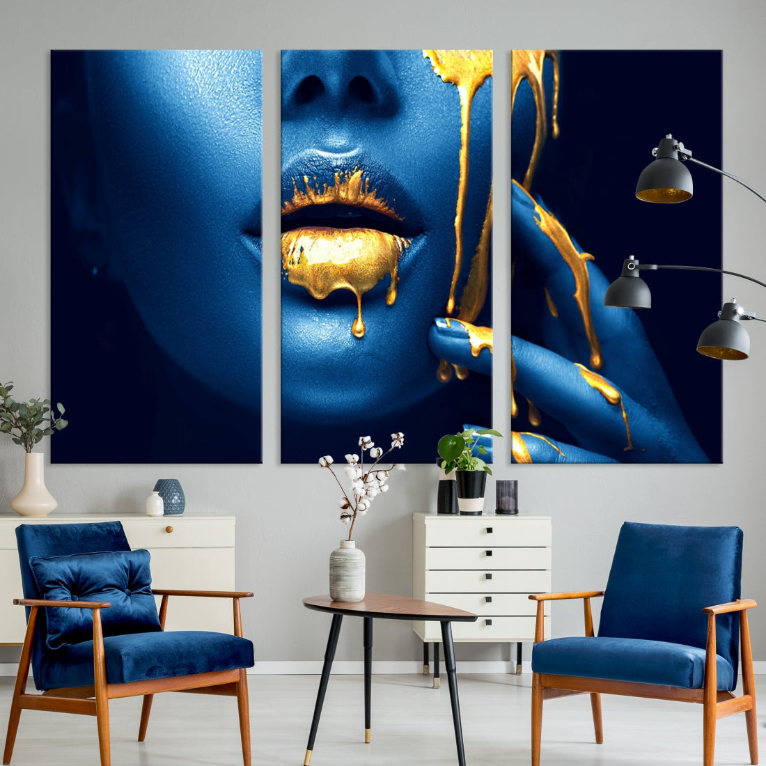 Neon Blue Gold Lips Sensual Photography Canvas Wall Art Print Fashion Art Beauty
