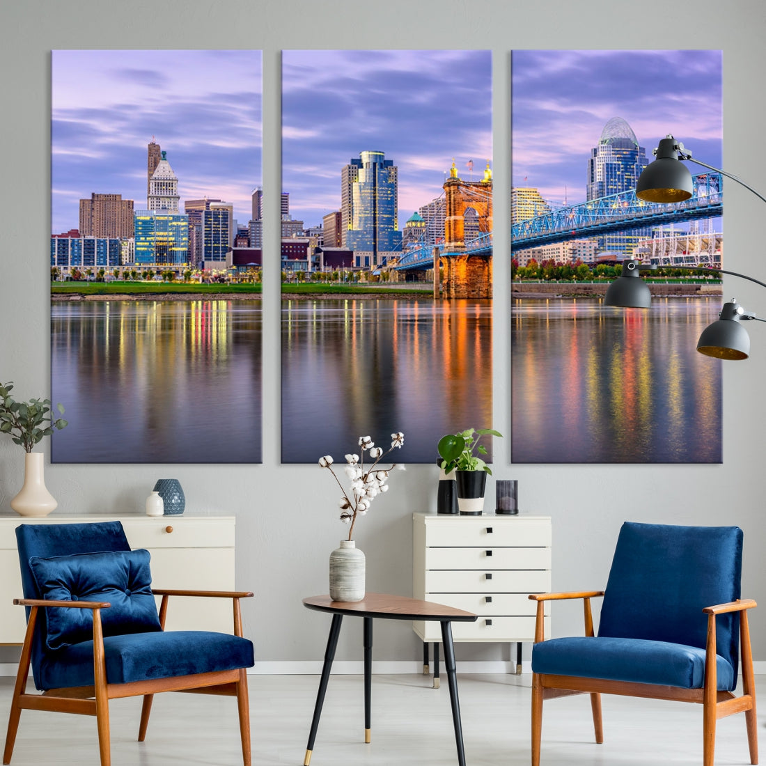 Cincinnati City Lights Sunset Reflections Skyline Cityscape Wall Art Canvas Print