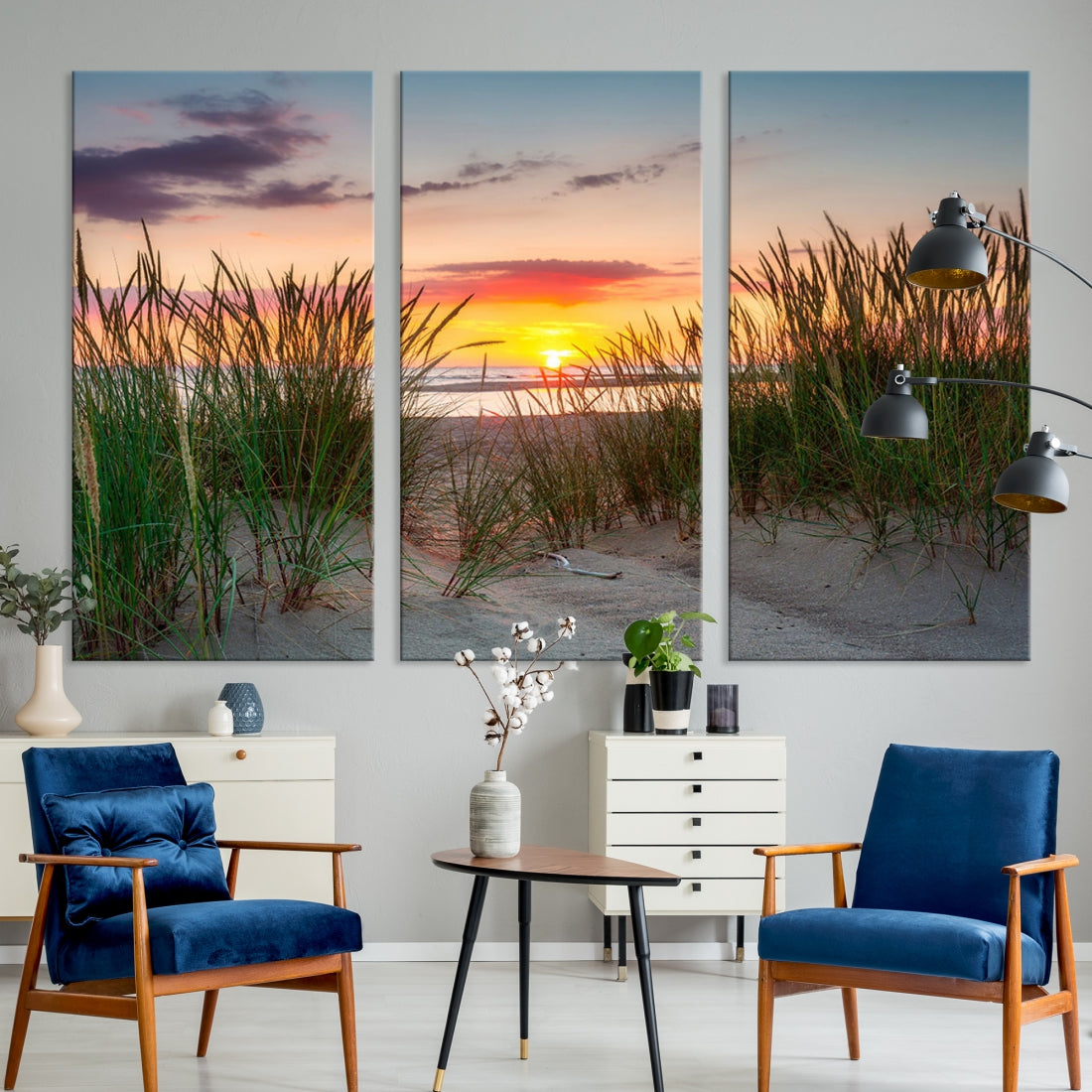 Sunset Coastal Beach Framed Large Wall Art Canvas Giclee Print