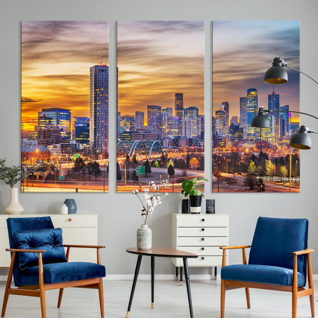 Extra Large Denver Cityscape Canvas Print Sunset Wall Art Framed