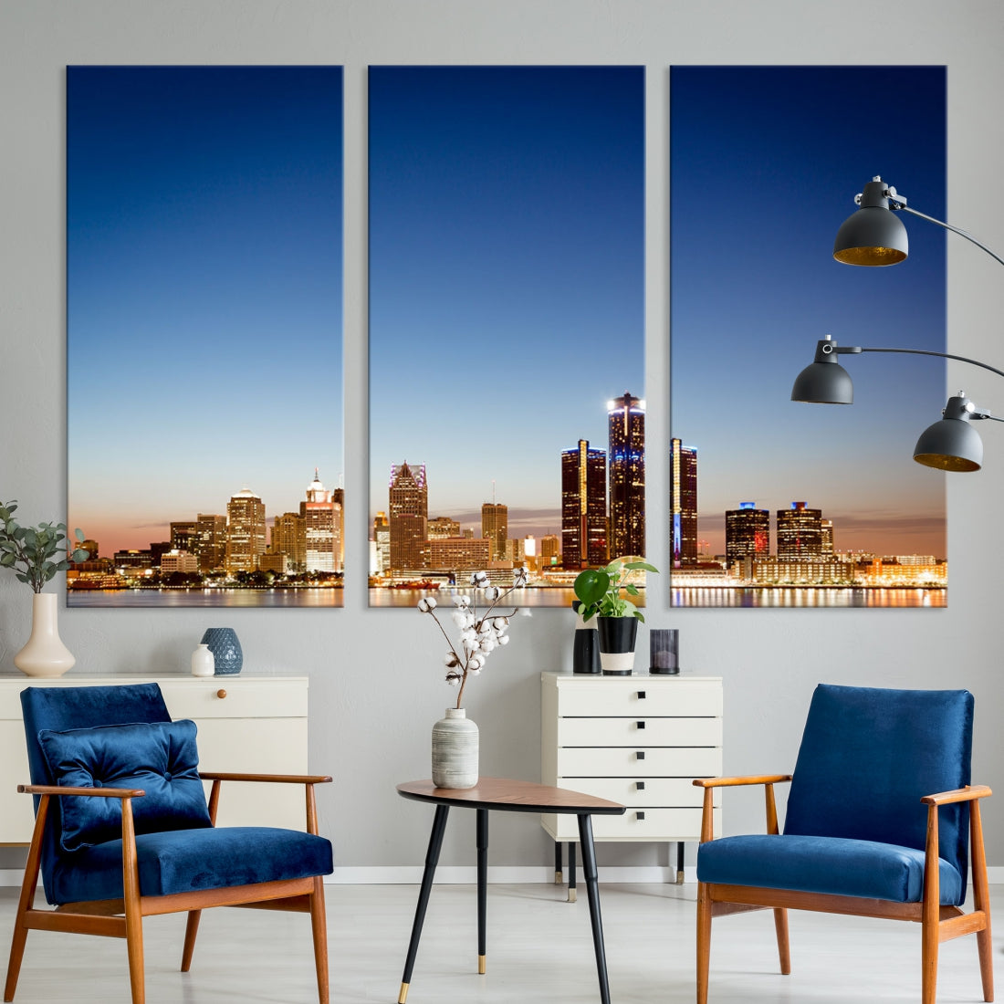 Large Blue Detroit Skyline Cityscape Wall Art Canvas Print Office Decor