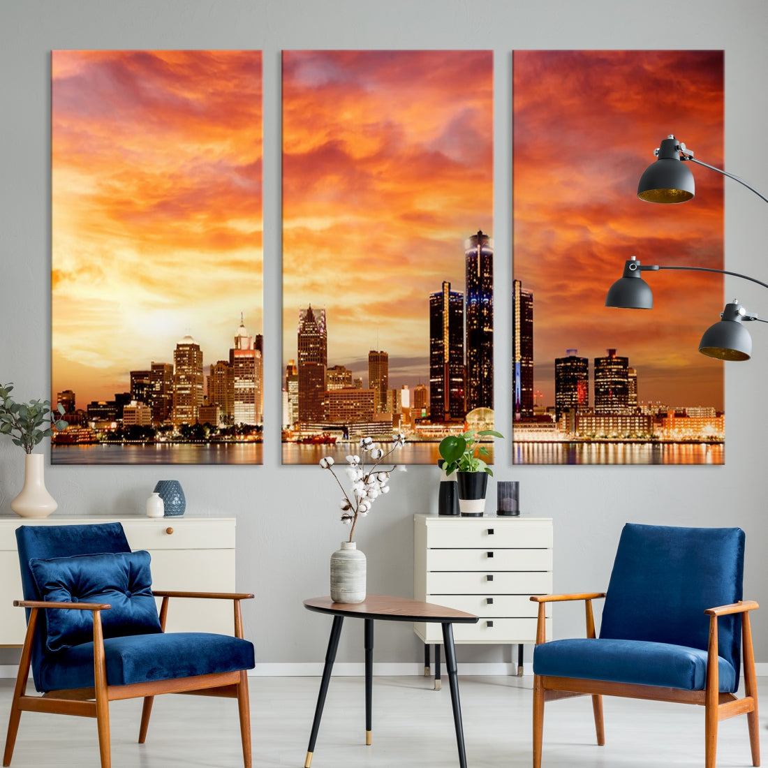 Orange Sunset Detroit Downtown Skyline Image Print Canvas Wall Art