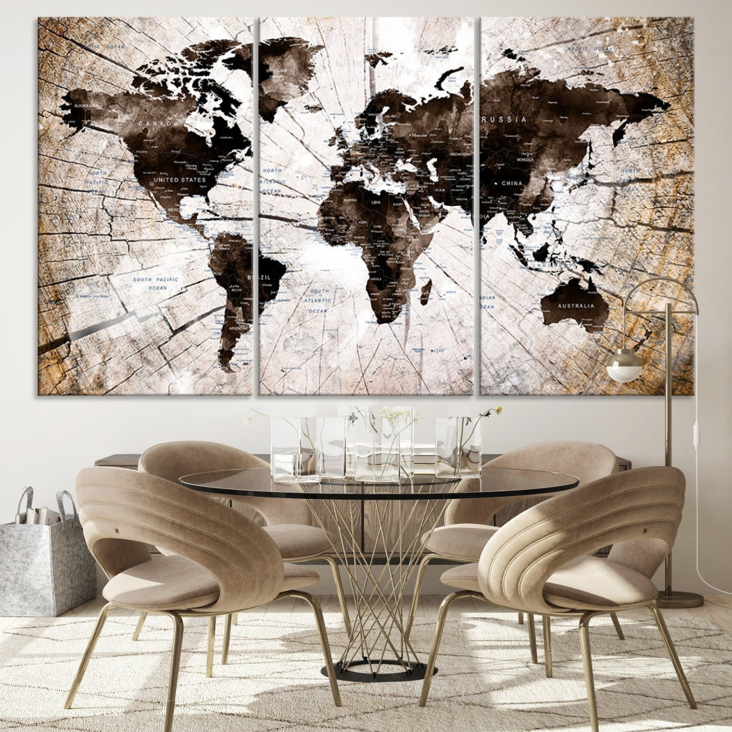 Wood Texture World Map Wall Art Canvas Print Framed