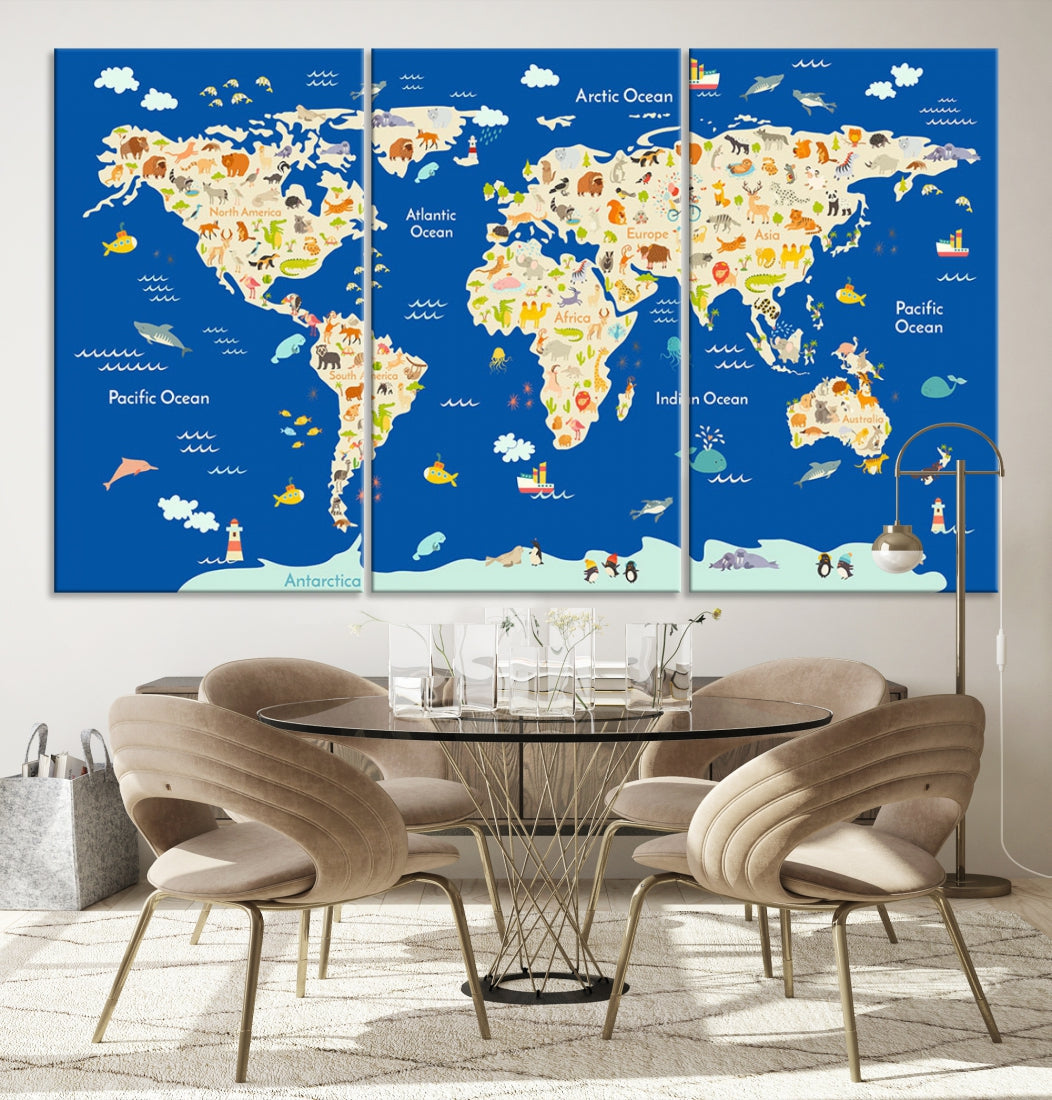 Navy Blue Animal World Map Canvas Prints For Kids Room Decoration, Kids World Map Canvas Print Nursery Room Canvas Wall