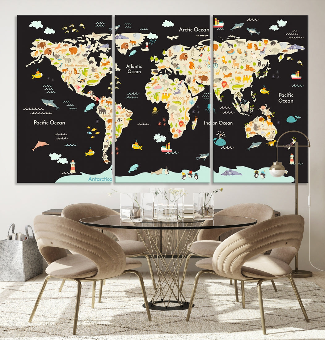 Animal World Map Canvas Prints For Kids Room Decoration Educational Wall Art