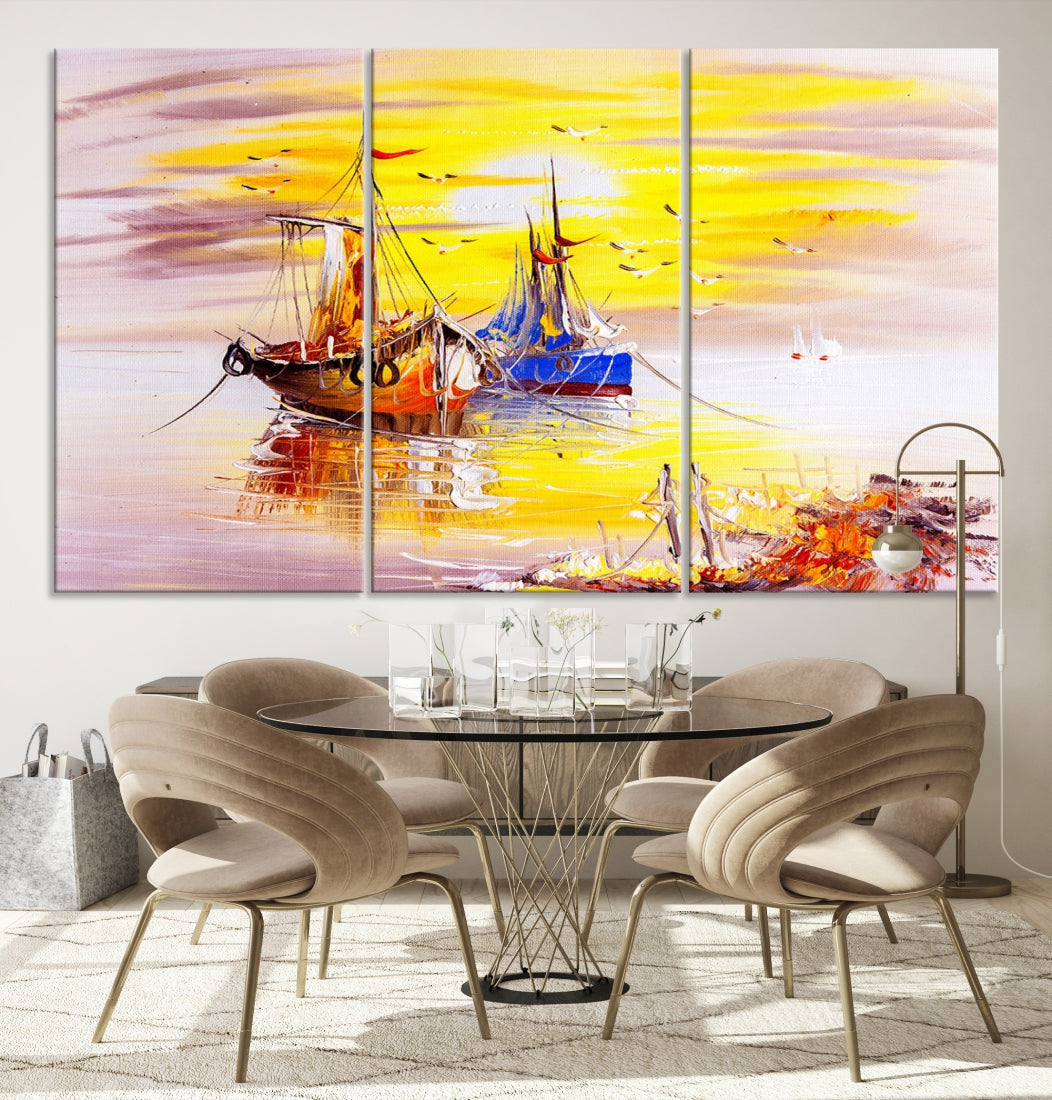 Glamorous Sunset and Boats Oil Painting Large Wall Art Canvas Print