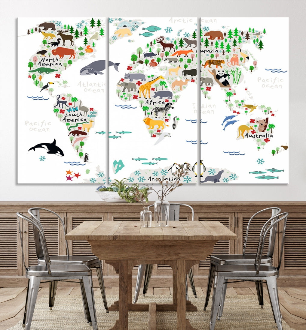 Educational Animal World Map Canvas Print Large Wall Art Framed Ready to Hang