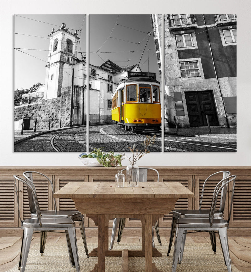 Iconic Yellow Lisbon Tram Canvas Wall Art Black and White Modern Home Decor High Quality Tram Trolley Canvas Art