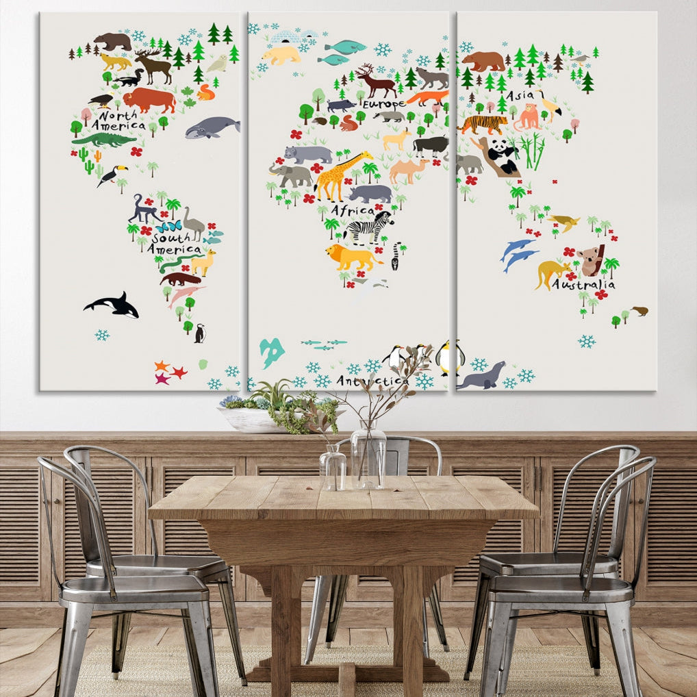 White Animal World Map Canvas Print Educational Wall Art for Kids Room Decor Easy to Hang