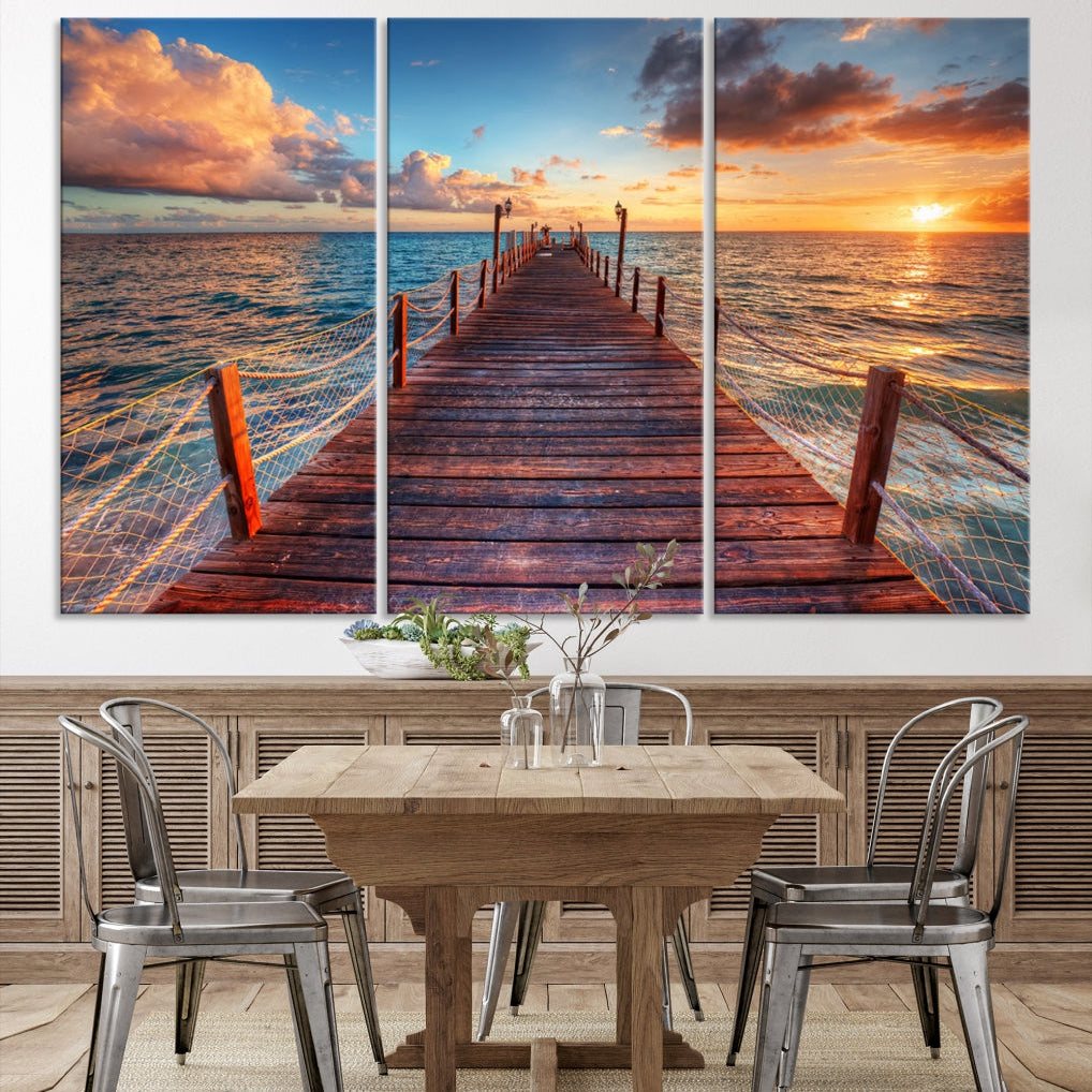 Multi Panel Sunset Beach and Pier Canvas Wall Art Giclee Print