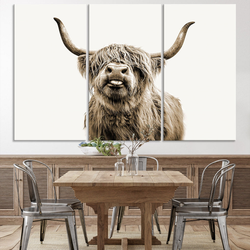Sepia Scottish Highland Cow Farmhouse Decoration Wall Art Canvas Print