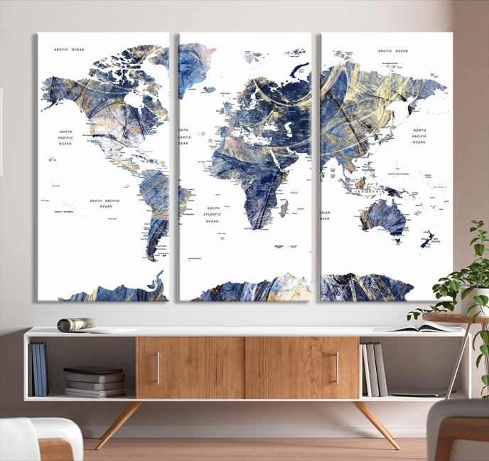 Large Push Pin Detailed World Map Canvas Print Framed Wall Decor