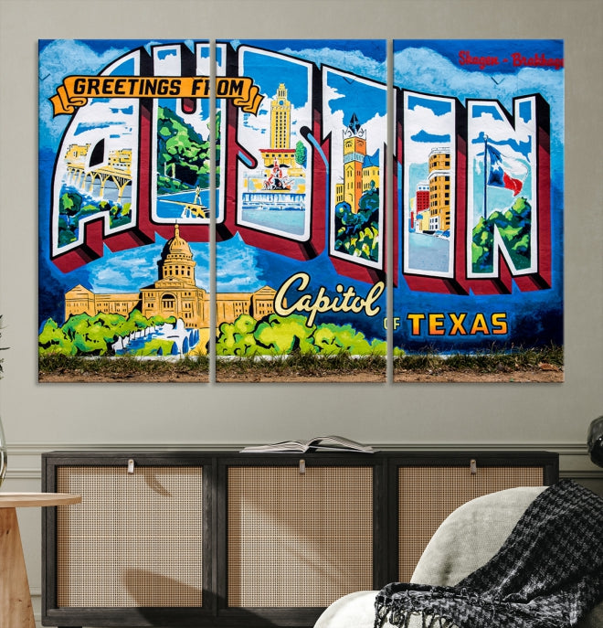Austin City Sign Greetings from Austin Large Wall Art Canvas Print