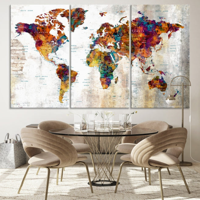Large World Map Watercolor Wall Art Canvas Print Traveler Gift