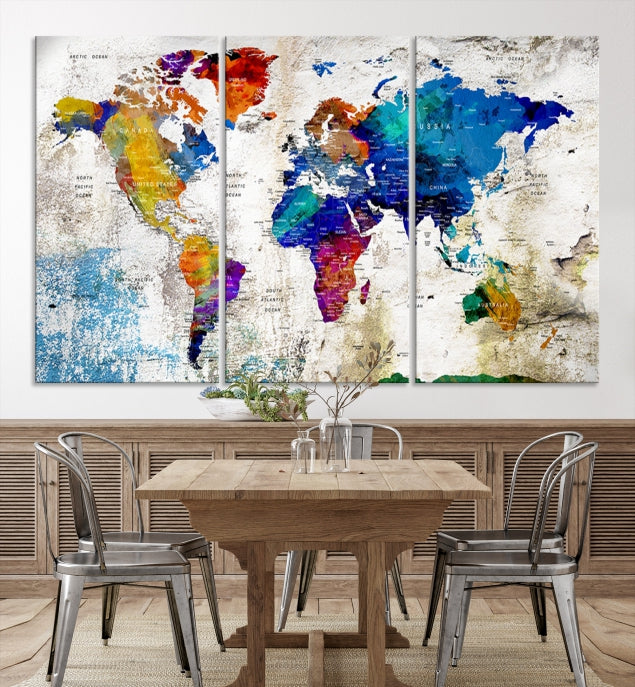 Rainbow Color Detailed Push Pin World Map Canvas Print Extra Large Wall Art