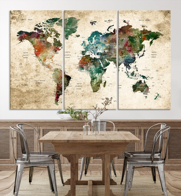 Colorful World Map on Grunge Stained Background Large Canvas Print