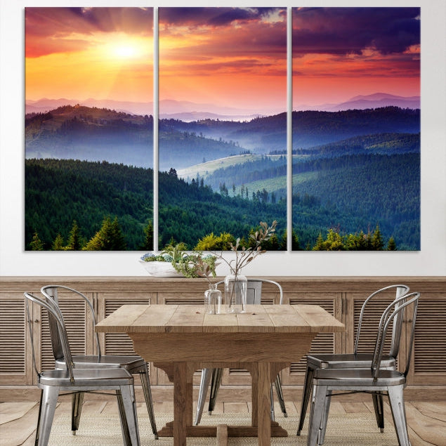 Sunset over Forest Mountain Nature Landscape Large Canvas Art Print for Wall Decor