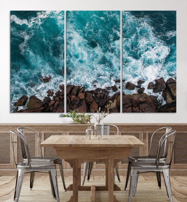 Ravishing Aerial Ocean Waves on Beach Large Wall Art Canvas Print