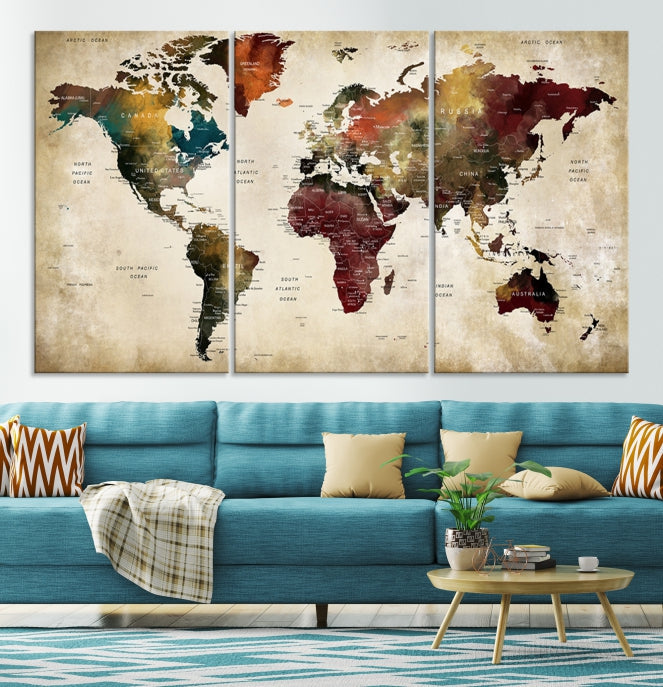 Extra Large Push Pin Watercolor World Map on Grunge Canvas Print