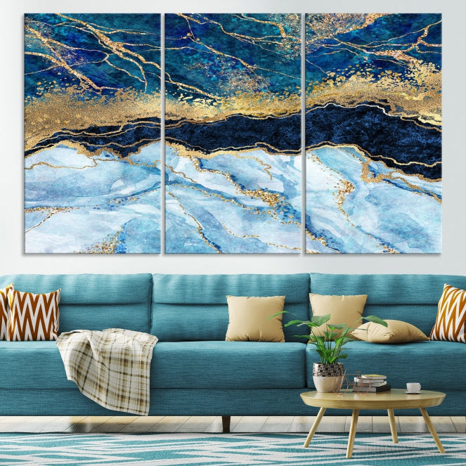 Create a Stunning & Unique Feature Wall with Our Large Blue Fluid Effect Abstract Marble Canvas Wall Art Prints