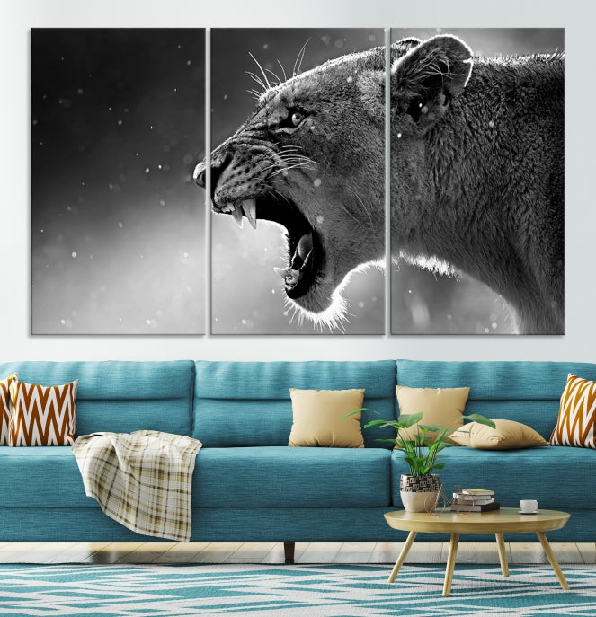 Large Black and White Lioness Wall Art Canvas Print
