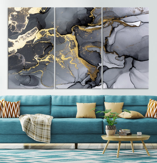 Gold Gray Marble Fluid Effect Wall Art Large Abstract Canvas Print