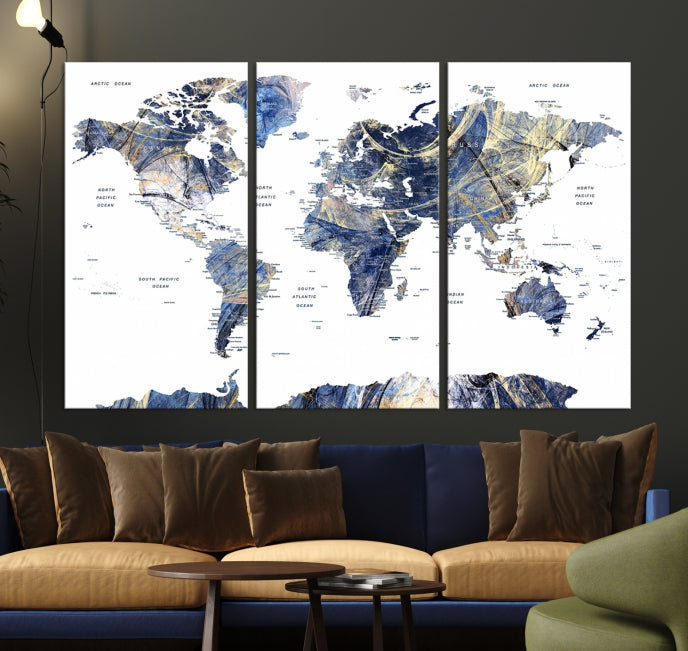 Large Push Pin Detailed World Map Canvas Print Framed Wall Decor