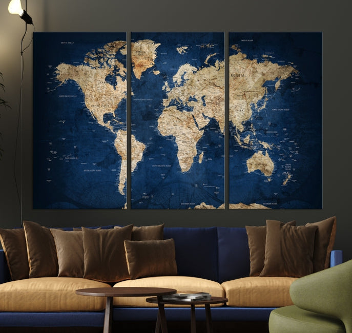 Make a Bold Statement with Our Large, Detailed Modern Blue Style World Map Canvas Print Wall Art - A Unique Decor Piece