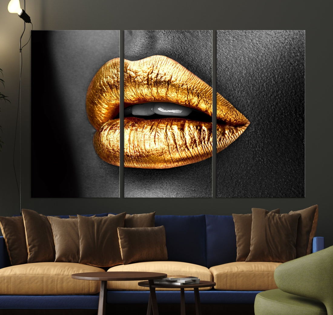 Gold Lips Canvas Wall Art Print Makeup Wall Art Fashion Beauty Art Stylish Home Decor Lips Canvas Print Framed Ready to