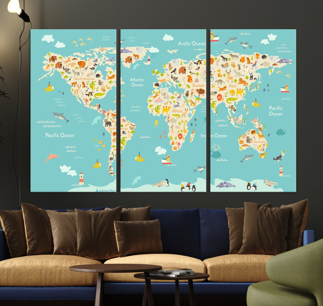 Colorful World Map with Animals Extra Large Wall Art Canvas Print Nursery Decor