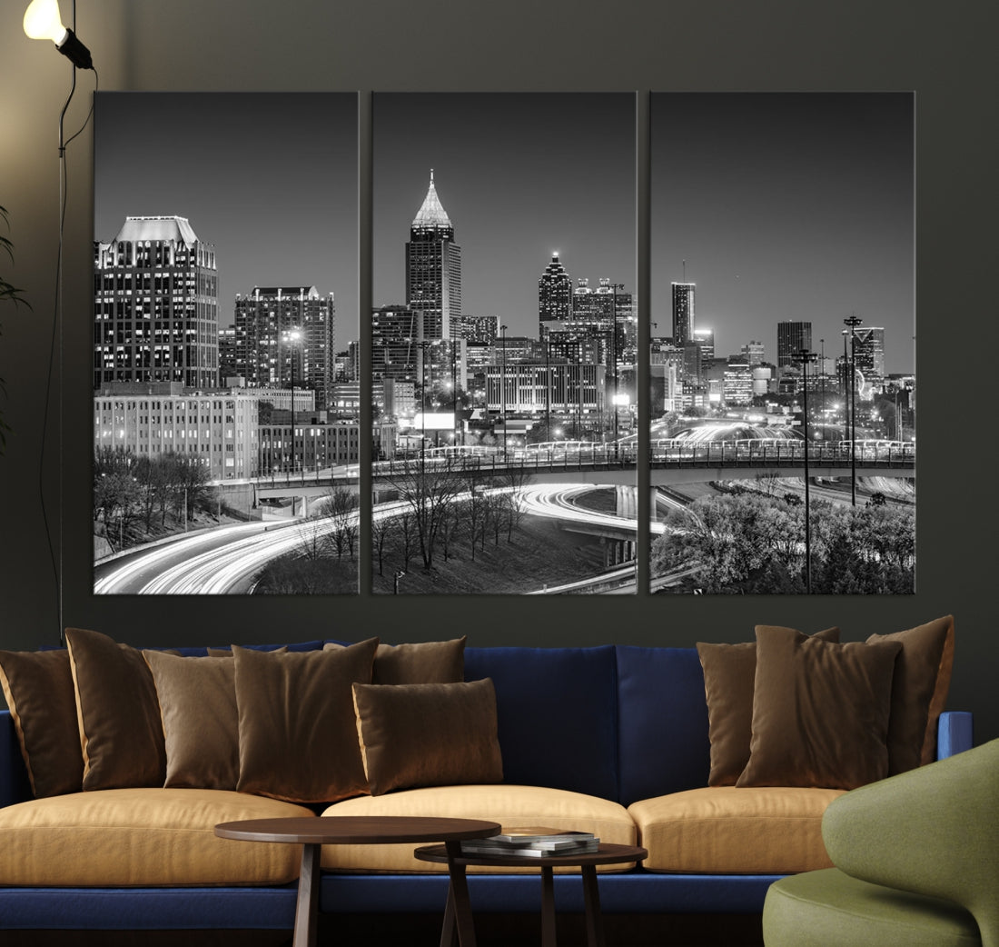 Black and White Atlanta City Skyline Cityscape Large Wall Art Canvas Print