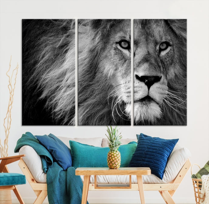 Large Black and White Lion Canvas Wall Art Print