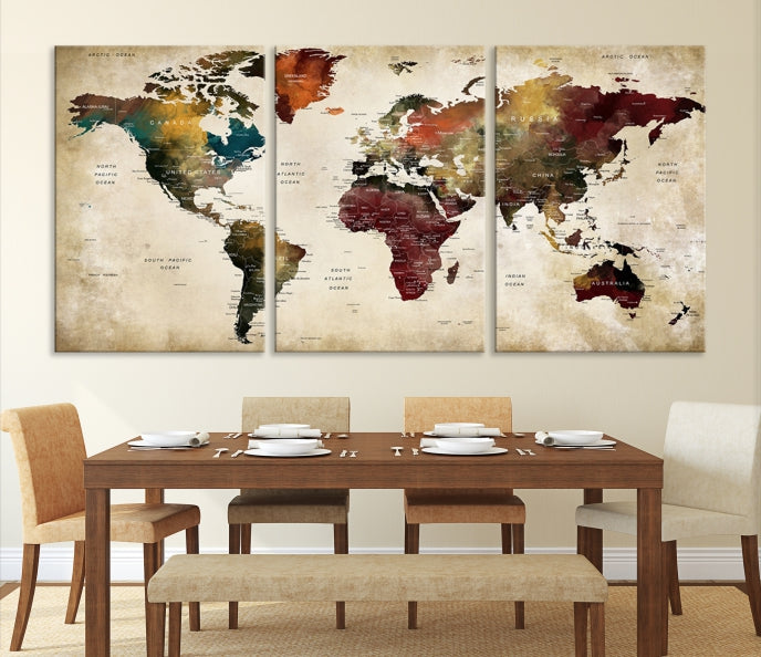 Extra Large Push Pin Watercolor World Map on Grunge Canvas Print