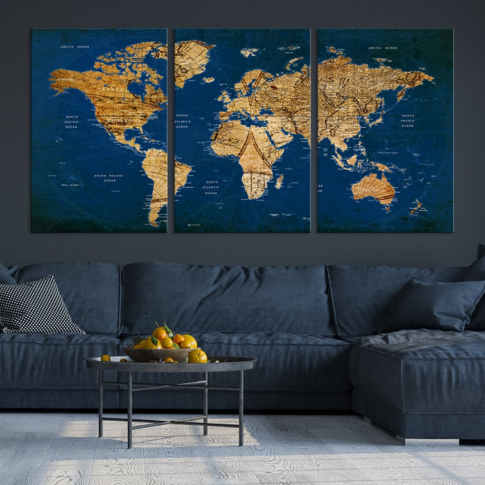 Large World Map Wall Art on Navy Blue Background Large Canvas Print