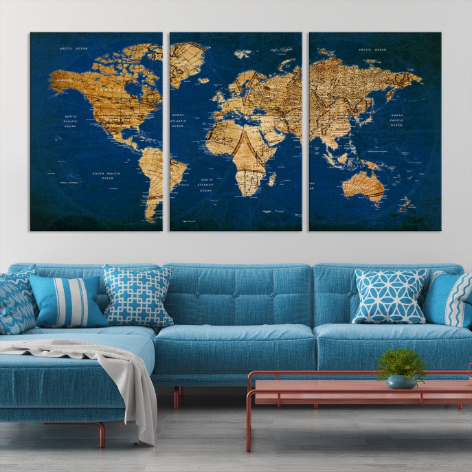 Large World Map Wall Art on Navy Blue Background Large Canvas Print