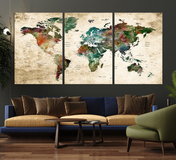 Colorful World Map on Grunge Stained Background Large Canvas Print