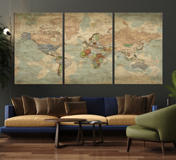 Elegantly Upgrade Your Decor with Our Modern Vintage Style World Map Canvas Print Wall ArtA Stylish & Informative