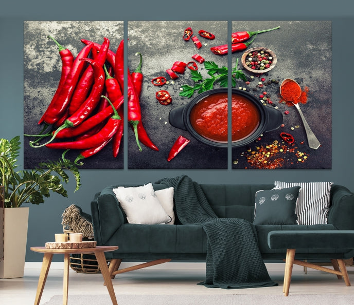 Large Red Chili Peppers Wall Art Kitchen Artwork Canvas Print