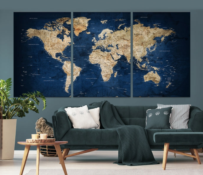 Make a Bold Statement with Our Large, Detailed Modern Blue Style World Map Canvas Print Wall ArtA Unique Decor Piece