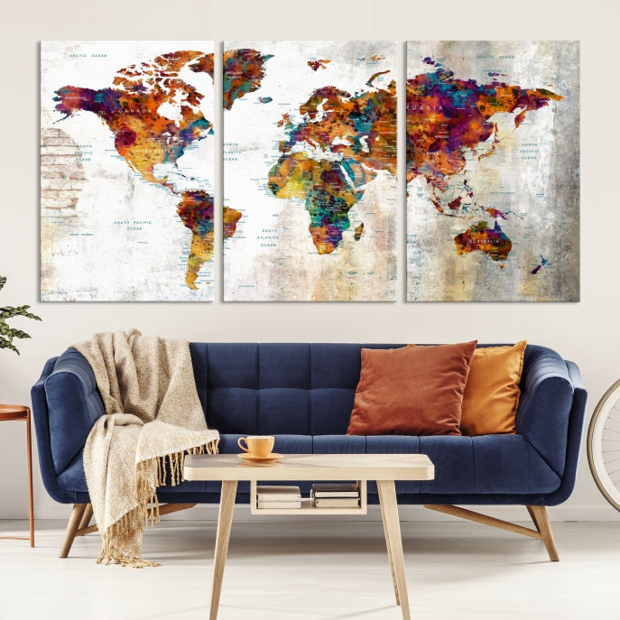 Large World Map Watercolor Wall Art Canvas Print Traveler Gift