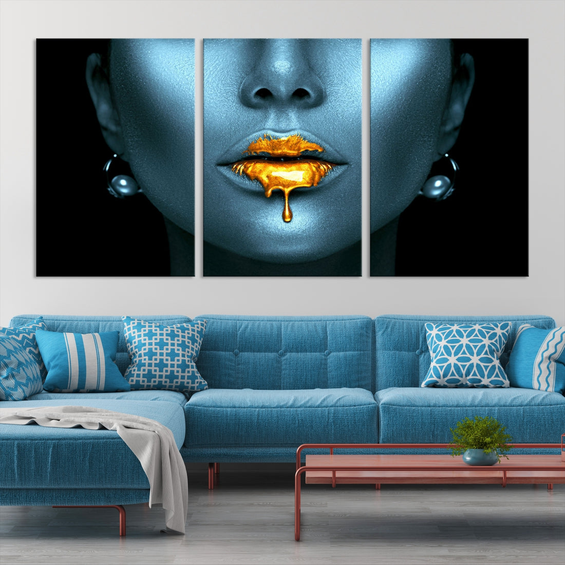 Sensual Photography Gold Glitter Lips Large Wall Art Canvas Print for Bedroom
