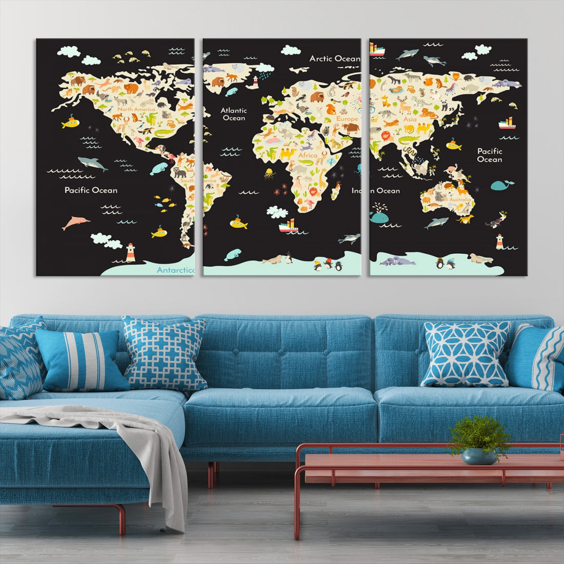 Animal World Map Canvas Prints For Kids Room Decoration Educational Wall Art