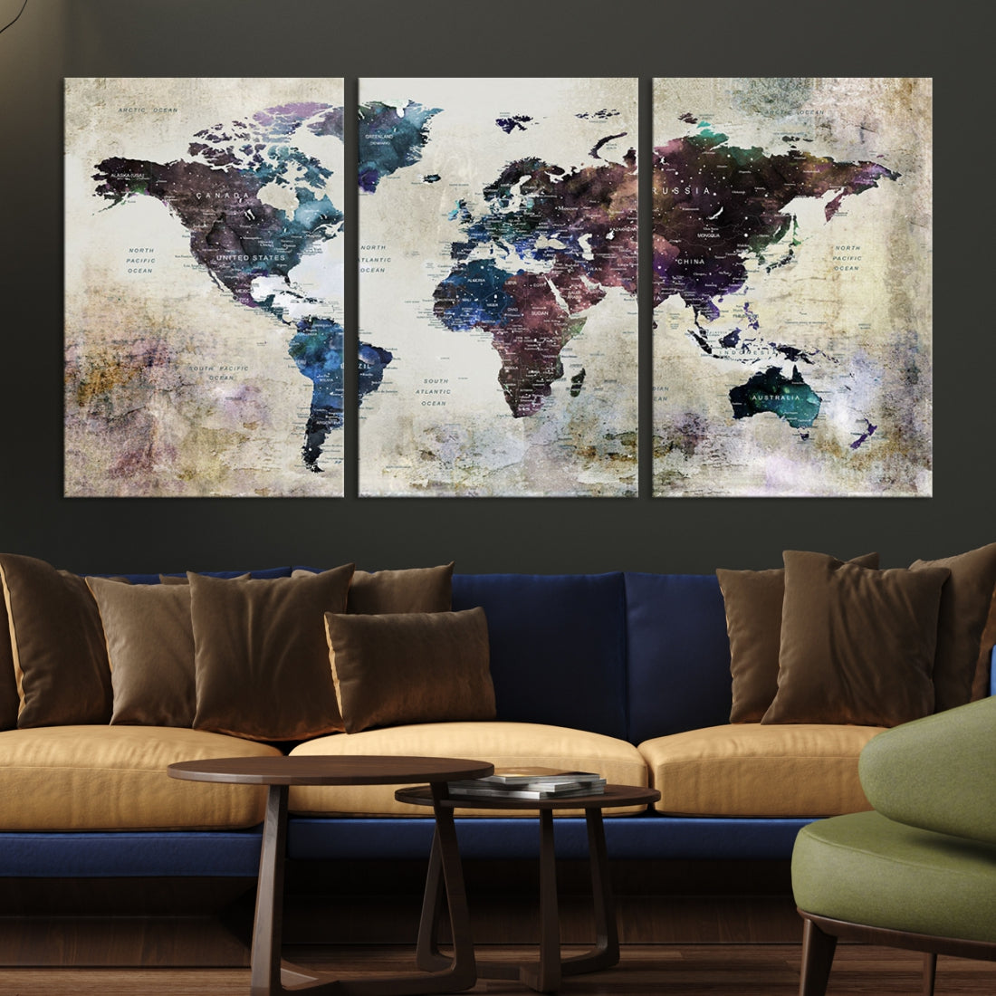 Dark Colored Vintage World Map Wall Art Print on Canvas for Living Room
