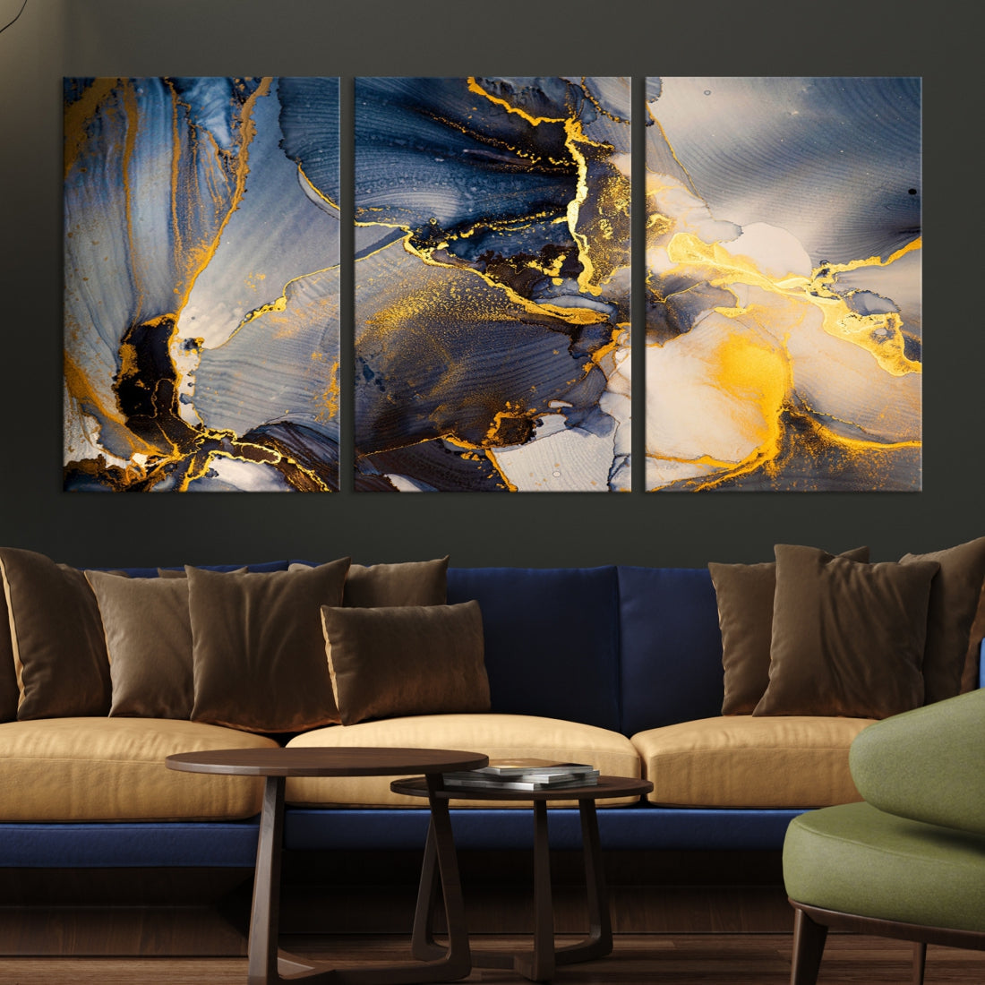 Blue and Gold Marble Modern Abstract Canvas Wall Art Giclee Print