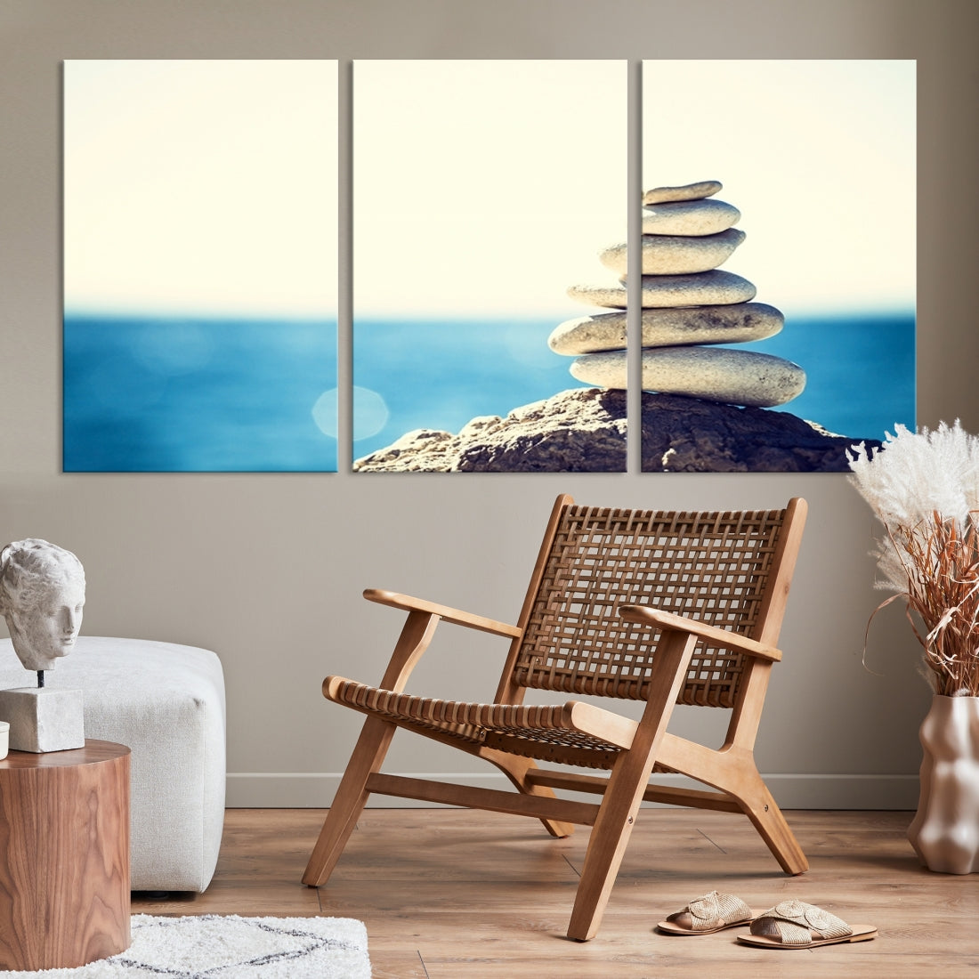 Zen Stones with Bright Sea and Sunshine on Background