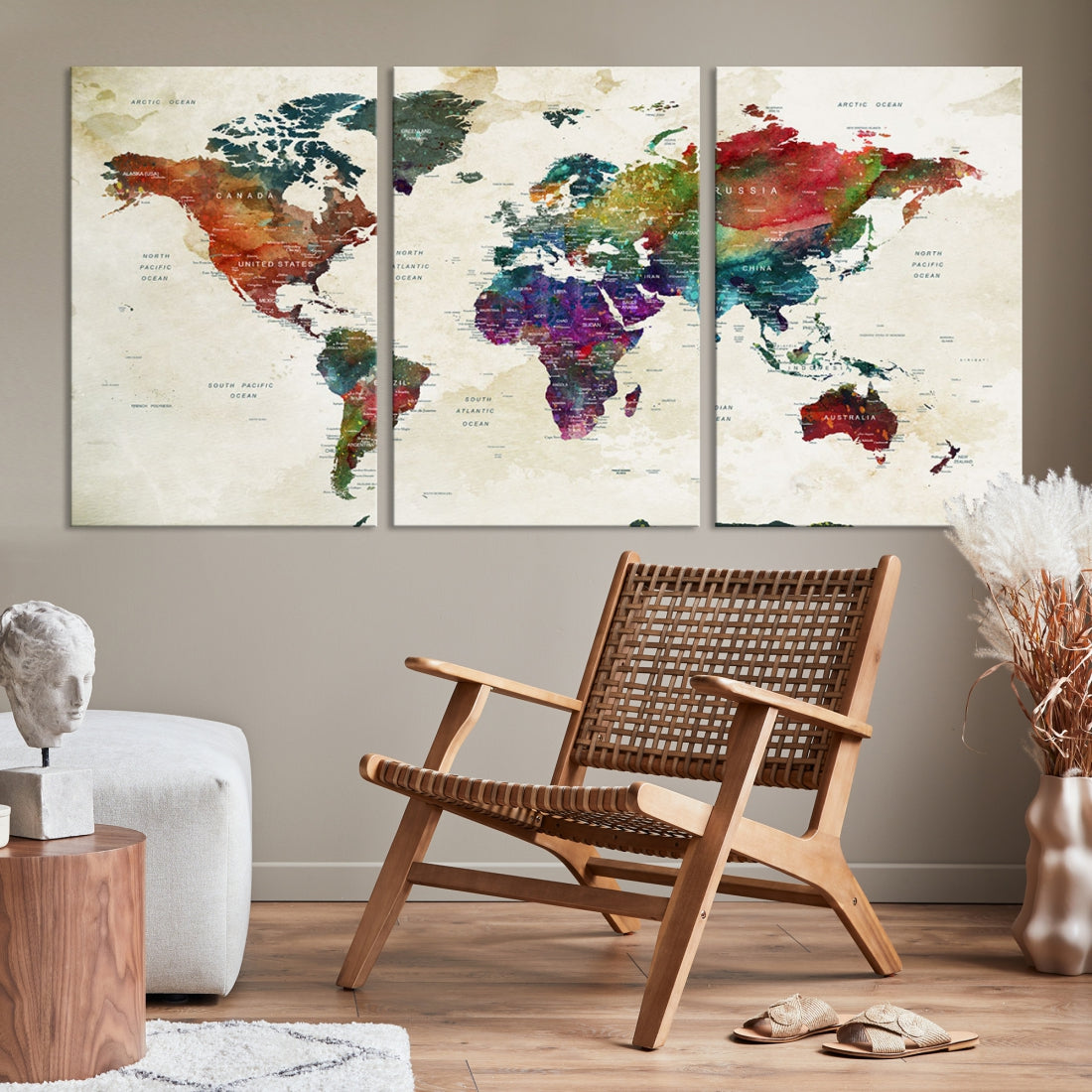 Colorful Vintage World Map Wall Art Print Grunge Travel Map Painting