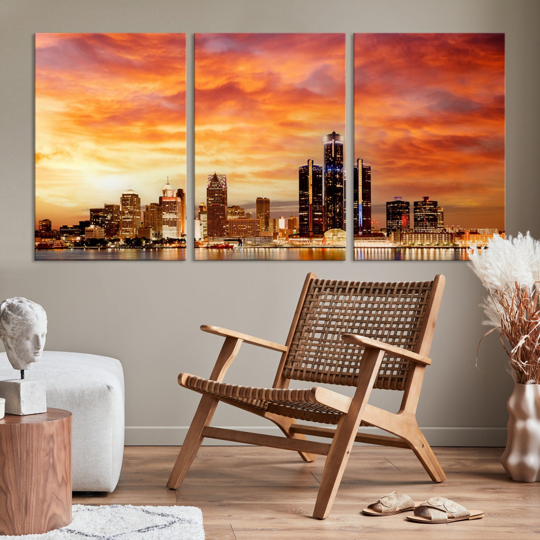 Orange Sunset Detroit Downtown Skyline Image Print Canvas Wall Art