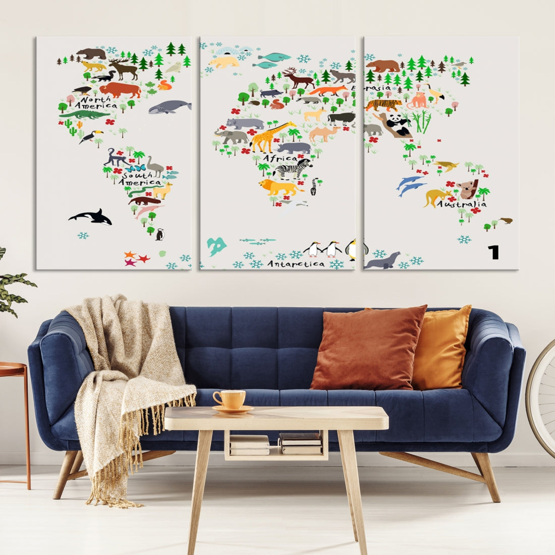 Educational Animal World Map Canvas Print Large Wall Art Giclee Printing for Kids Room Decor